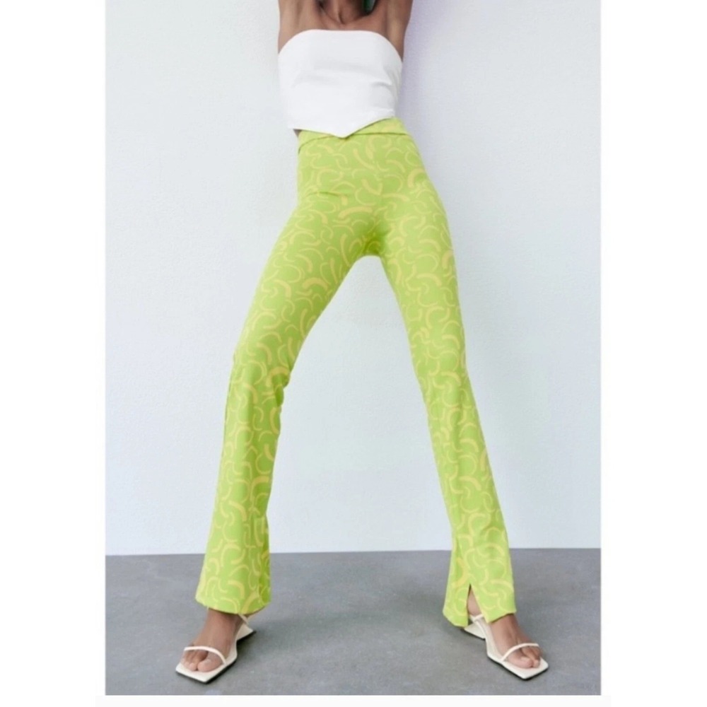 Zara Lime‎ Green Flared Jacquard Split Hem Pants Statement Trendy Size XS NWT